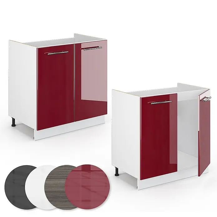 Vicco Schrankküche Fame-Line Bordeaux Hochglanz, AP Eiche - Bordeaux Hochglanz, Spülenunterschrank 80 cm, AP Eiche - Zwei weiße Küchenunterschränke mit hochglänzenden roten Türen und silbernen Griffen, einer offen. Farbmuster zeigen weitere Ausführungen.