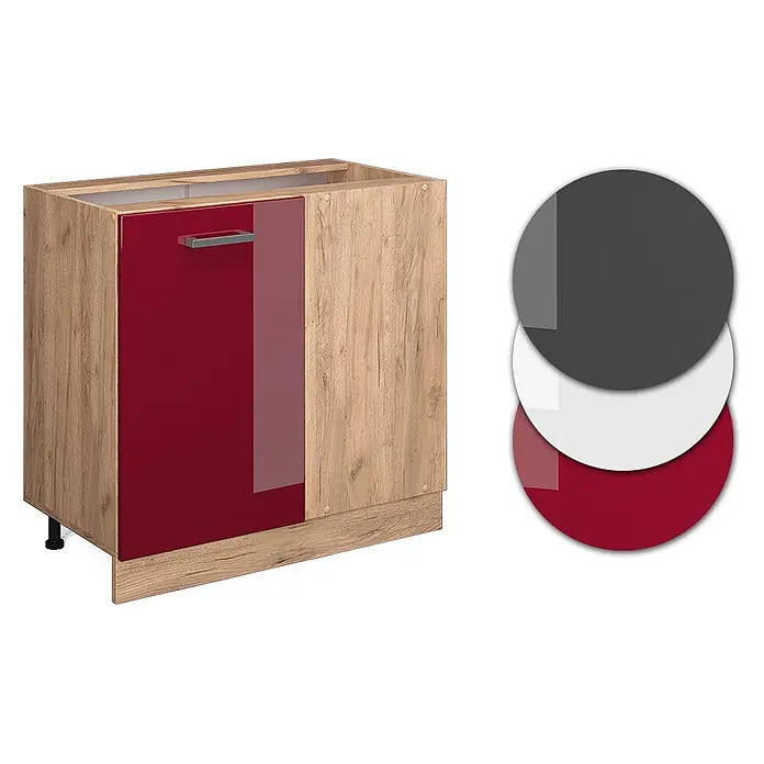 Vicco Schrankküche R-Line Rot Hochglanz, AP Anthrazit - Rot Hochglanz, Eckunterschrank 86 cm, AP Anthrazit - Küchenunterschrank mit Holzoptik-Korpus, hochglänzender roter Tür, silbernem Griff und Farboptionen (Dunkelgrau, Weiß, Rot).