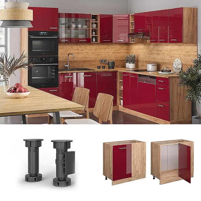Vicco Schrankküche R-Line Rot Hochglanz, AP Anthrazit - Rot Hochglanz, Eckunterschrank 86 cm, AP Anthrazit - L-förmige Küche mit glänzenden roten Fronten und Holzmaserungs-Finish, integriert mit modernen Geräten.