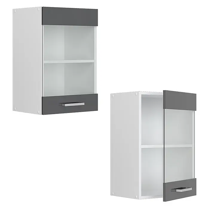 Vicco Schrankküche R-Line Anthrazit Hochglanz - Anthrazit Hochglanz, Hängeglasschrank 40 cm - Zwei weiß-graue Hängeschränke mit Glastüren und Schubladen. Einer ist geschlossen, der andere leicht geöffnet.