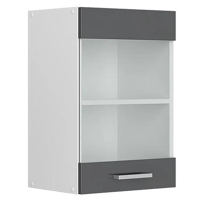 Vicco Schrankküche R-Line Anthrazit Hochglanz - Anthrazit Hochglanz, Hängeglasschrank 40 cm - Modernes Hängeschrank in Weiß und Dunkelgrau mit Klarglasfronten, einem Einlegeboden und einem unteren Fach mit Griff.