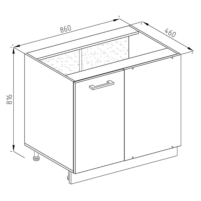 Vicco Schrankküche R-Line Weiß Hochglanz ohne Arbeitsplatte - Weiß Hochglanz, Eckunterschrank 86 cm - Linienzeichnung eines Küchenunterschranks mit zwei Türen und Griff, Maße (Breite 860, Tiefe 460, Höhe 816).