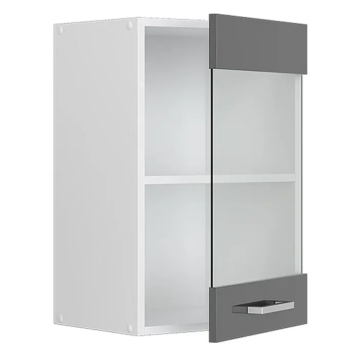 Vicco Schrankküche R-Line Anthrazit Hochglanz - Anthrazit Hochglanz, Hängeglasschrank 40 cm - Weißer Wandschrank mit grauer und gläserner Tür, zwei Einlegeböden und silbernem Griff.