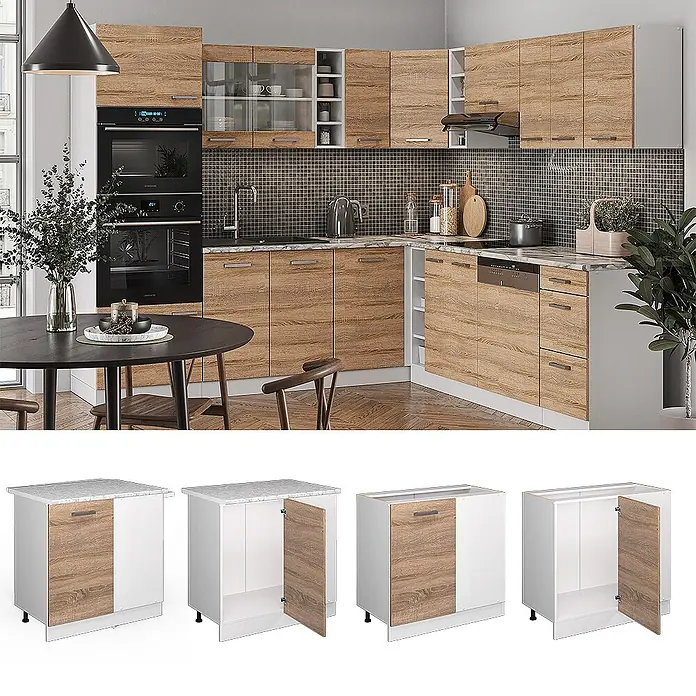 Vicco Schrankküche R-Line Sonoma, AP Anthrazit - Sonoma, Eckunterschrank 86 cm, AP Anthrazit - Moderne Küchenschränke in heller Holzoptik und Weiß, in einer funktionalen Küche mit Geräten. Einzelne Unterschränke sind unten abgebildet.