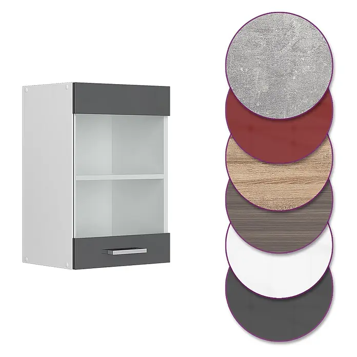 Vicco Schrankküche R-Line Anthrazit Hochglanz - Anthrazit Hochglanz, Hängeglasschrank 40 cm - Wandschrank mit Glastür, Schublade, weißer und grauer Oberfläche, gezeigt mit verschiedenen Materialmustern.