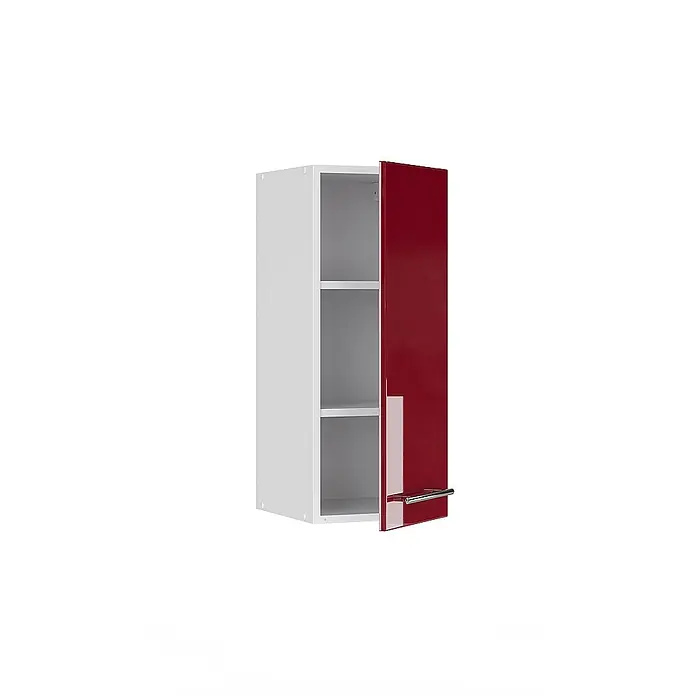 Vicco Schrankküche Fame-Line Bordeaux Hochglanz - Bordeaux Hochglanz, Hängeschrank 30 cm - Weißer Wandschrank mit teiloffener, hochglänzender roter Tür und Chromgriff, der zwei Innenböden zeigt.