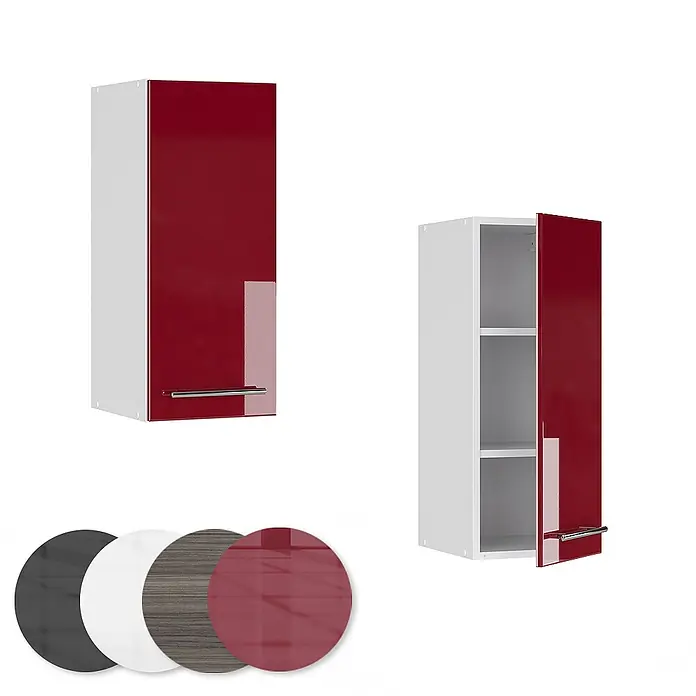Vicco Schrankküche Fame-Line Bordeaux Hochglanz - Bordeaux Hochglanz, Hängeschrank 30 cm - Zwei rote und weiße Hochglanz-Küchenhängeschränke, einer geschlossen, einer offen mit Regalen. Farbproben zeigen weitere Ausführungen.