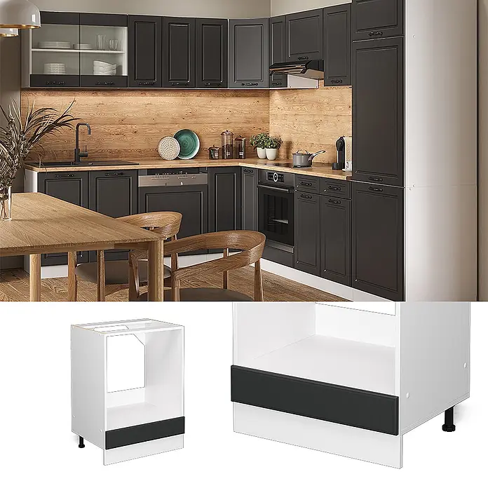 Vicco Schrankküche R-Line Anthrazit Landhaus ohne Arbeitsplatte - Breite: 60 cm, Anthrazit Landhaus, Herdumbauschrank 60 cm - Weißer Küchenunterschrank für Backofen mit schwarzem Sockel.