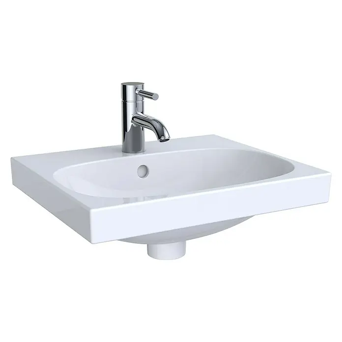 Geberit Acanto Waschbecken - 45 x 38 cm, Mit schmutzabweisender Glasur, Hahnloch: Mitte, Mit Überlauf, Weiß - Ein modernes, weißes Waschbecken mit einer glänzenden Armatur. Das schlichte Design passt gut in jedes Badezimmer.