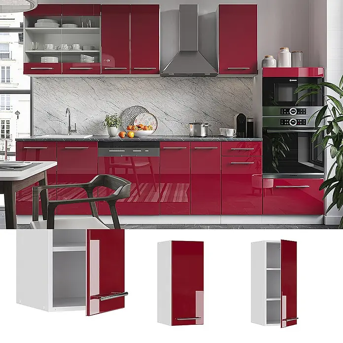 Vicco Schrankküche Fame-Line Bordeaux Hochglanz - Bordeaux Hochglanz, Hängeschrank 30 cm - Moderne Küche mit hochglänzenden roten Unter- und Oberschränken, integrierten Geräten und grauer Arbeitsplatte.