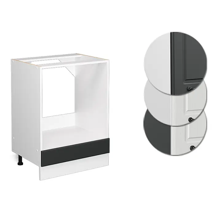 Vicco Schrankküche R-Line Anthrazit Landhaus ohne Arbeitsplatte - Breite: 60 cm, Anthrazit Landhaus, Herdumbauschrank 60 cm - Weißer Küchenunterschrank für Geräte/Spüle mit schwarzem Sockel und Mustern in Hellgrau, Dunkelgrau und heller Holzmaserung.