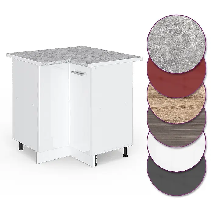 Vicco Schrankküche R-Line Weiß Hochglanz, AP Marmor - Weiß Hochglanz, Eckunterschrank - Weißer Küchen-Eckunterschrank mit grauer Marmoroptik-Arbeitsplatte, ergänzt durch Materialoptionen.