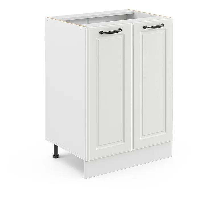 Vicco Schrankküche R-Line Weiß Landhaus ohne Arbeitsplatte - Weiß Landhaus, Unterschrank 60 cm - Weißer Küchenunterschrank mit zwei Kassettentüren, schwarzen Griffen, weißer Sockelblende und verstellbaren Füßen.