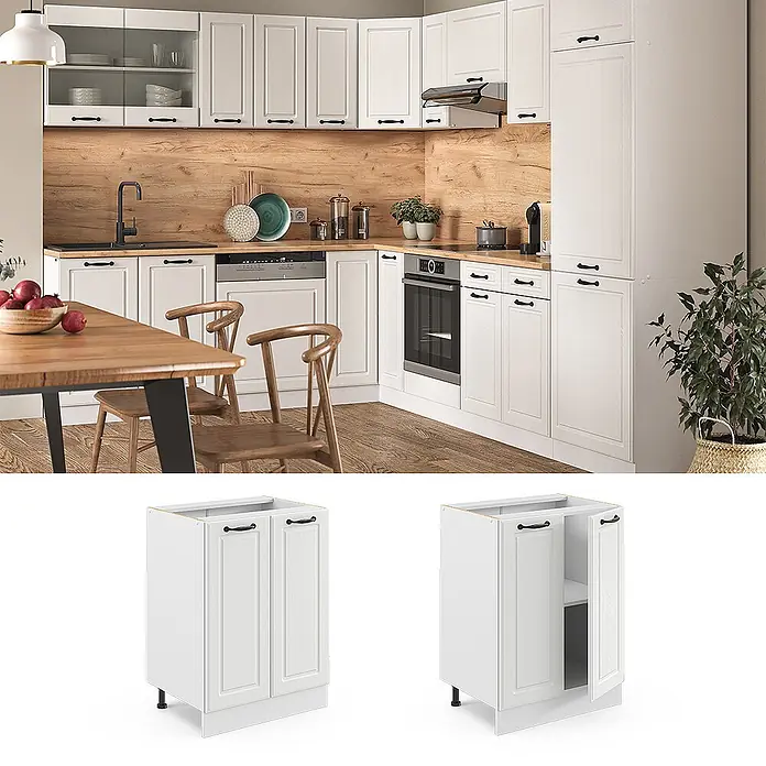 Vicco Schrankküche R-Line Weiß Landhaus, AP Eiche - Weiß Landhaus, Unterschrank 60 cm - Weißer Küchenunterschrank mit zwei Türen und schwarzen Griffen, geschlossen und offen mit Einlegeboden, für Stauraum in der Küche.