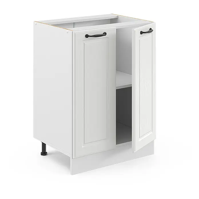 Vicco Schrankküche R-Line Weiß Landhaus, AP Eiche - Weiß Landhaus, Unterschrank 60 cm - Weißer zweitüriger Küchenunterschrank mit schwarzen Griffen, Sockelblende und verstellbaren Füßen. Eine Tür ist offen und zeigt ein Regal.