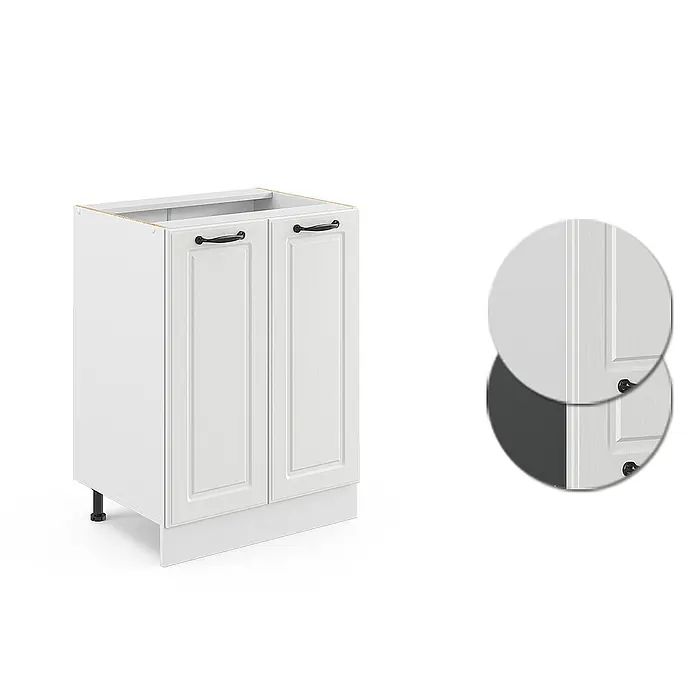 Vicco Schrankküche R-Line Weiß Landhaus ohne Arbeitsplatte - Weiß Landhaus, Unterschrank 60 cm - Weißer Küchenunterschrank mit zwei Kassettentüren, schwarzen Griffen und sichtbaren Beinen. Inklusive Muster der strukturierten Türfront.