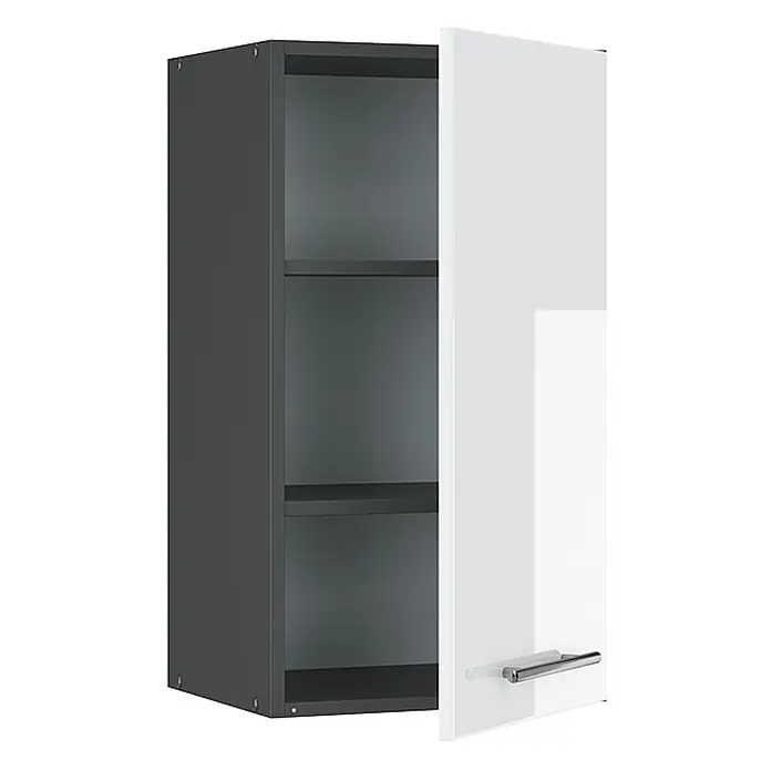 Vicco Schrankküche Fame-Line Weiß Hochglanz - Weiß Hochglanz, Hängeschrank 40 cm - Dunkelgrauer Wandschrank mit teilweise geöffneter weißer Tür, Inneneinlegeböden und silbernem Griff.