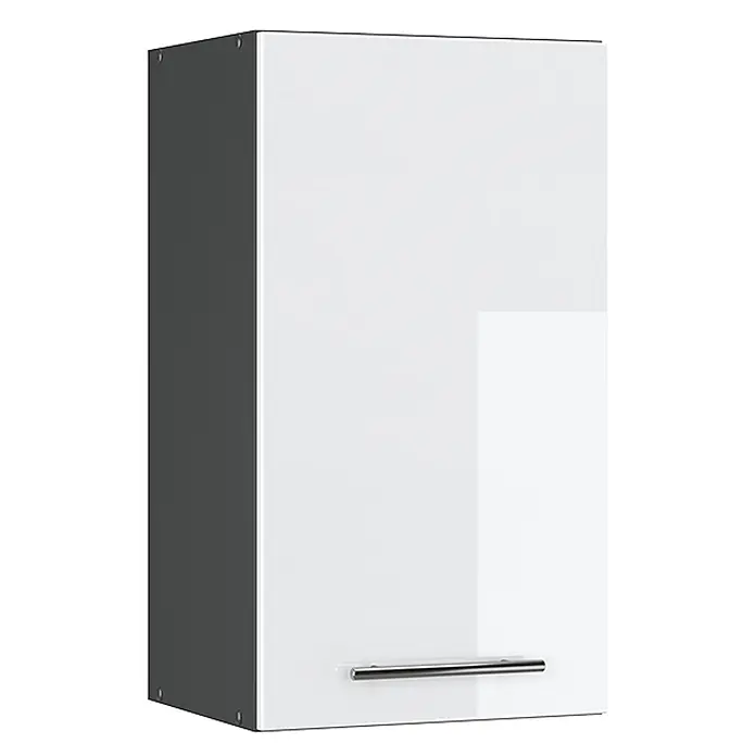 Vicco Schrankküche Fame-Line Weiß Hochglanz - Weiß Hochglanz, Hängeschrank 40 cm - Weißer Wandschrank mit glänzender Front, grauer Seitenwand und Metallgriff.