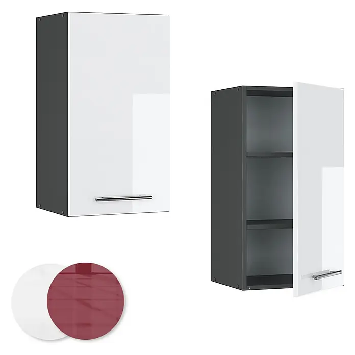 Vicco Schrankküche Fame-Line Weiß Hochglanz - Weiß Hochglanz, Hängeschrank 40 cm - Weiß hochglänzender Hängeschrank mit dunkelgrauem Korpus, silbernem Griff, offen mit Regalböden und geschlossen gezeigt. Rotes Türfarbmuster enthalten.