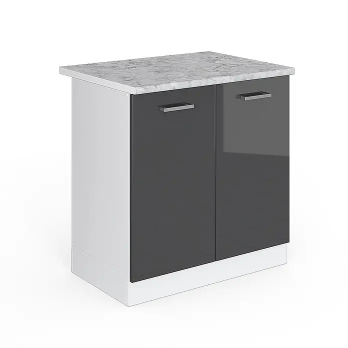 Vicco Schrankküche R-Line Anthrazit Hochglanz, AP Marmor - Anthrazit Hochglanz, Spülenunterschrank 80 cm - Weißer Schrank mit Marmor-Effektplatte und zwei hochglänzenden, dunkelgrauen Türen mit silbernen Griffen.