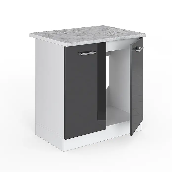 Vicco Schrankküche R-Line Anthrazit Hochglanz, AP Marmor - Anthrazit Hochglanz, Spülenunterschrank 80 cm - Weißer Küchenunterschrank mit Arbeitsplatte in Marmoroptik und dunkelgrauen Hochglanztüren, eine offen.