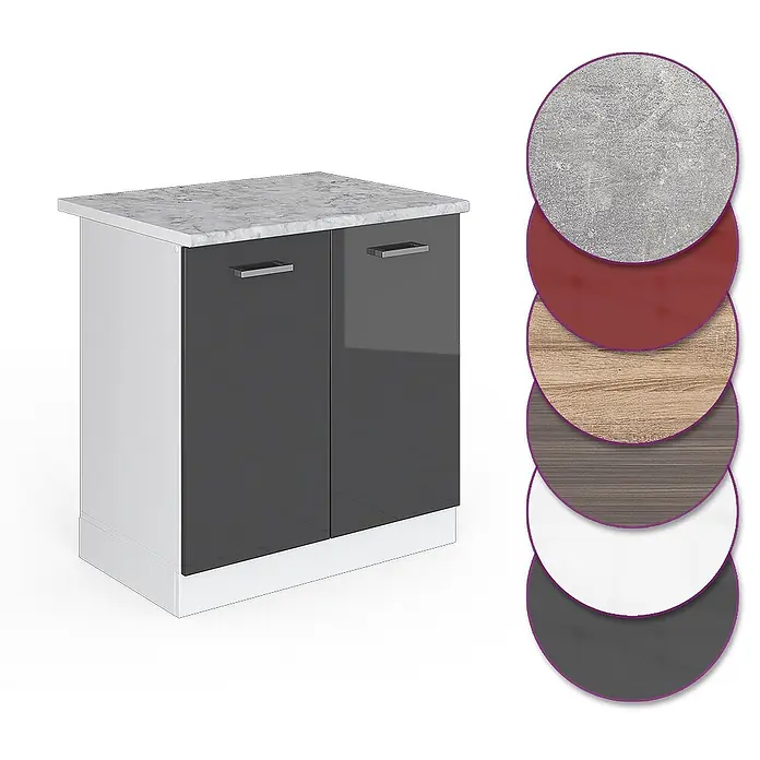 Vicco Schrankküche R-Line Anthrazit Hochglanz, AP Marmor - Anthrazit Hochglanz, Spülenunterschrank 80 cm - Küchenunterschrank mit Marmoroptik-Arbeitsplatte, hochglanz dunkelgrauen Türen und weißem Korpus. Farb- und Materialmuster sind abgebildet.