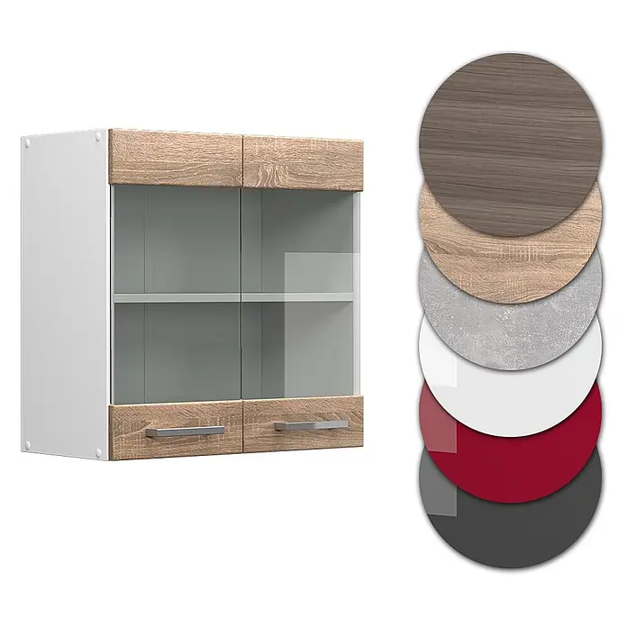 Vicco Schrankküche R-Line Sonoma - Sonoma, Hängeglasschrank 60 cm - Weißer Wandschrank mit heller Holzleiste, Glastüren und zwei Einlegeböden. Farbmuster zeigen verfügbare Ausführungen.