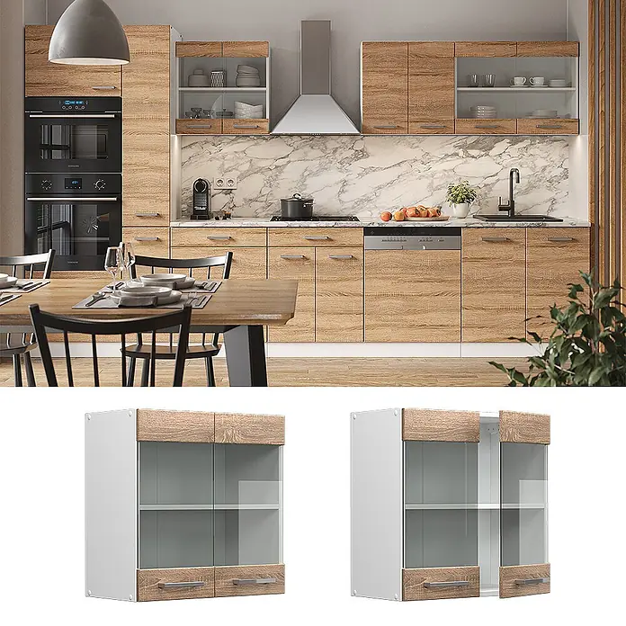 Vicco Schrankküche R-Line Sonoma - Sonoma, Hängeglasschrank 60 cm - Weißer & eichenfarbener Küchenhängeschrank mit Glastüren & Metallgriffen, in einer Küche & als Produktansichten gezeigt.