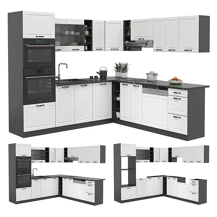 Vicco Eckküche R-Line Weiß Landhaus/Anthrazit, AP Eiche - B x T: 247 x 60 cm, Weiß Landhaus, Ohne Elektrogeräte - L-förmige Modulküche mit weißen Shaker-Schranktüren, dunkelgrauen Rahmen und schwarzen Marmor-Arbeitsplatten, inklusive Einbauofen und Geschirrspüler.