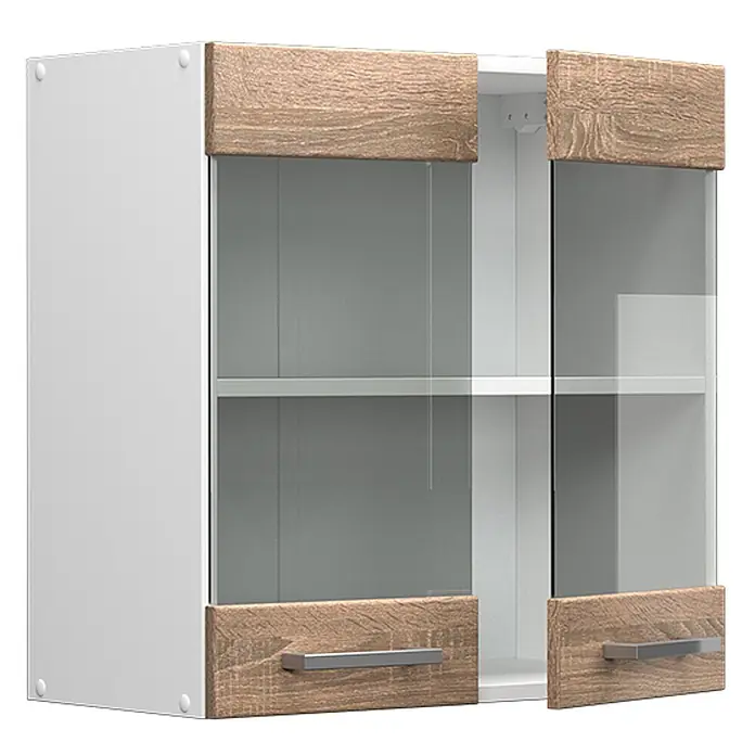 Vicco Schrankküche R-Line Sonoma - Sonoma, Hängeglasschrank 60 cm - Weißer Küchenhängeschrank mit Glastüren, Holzoptik-Akzenten und Metallgriffen.