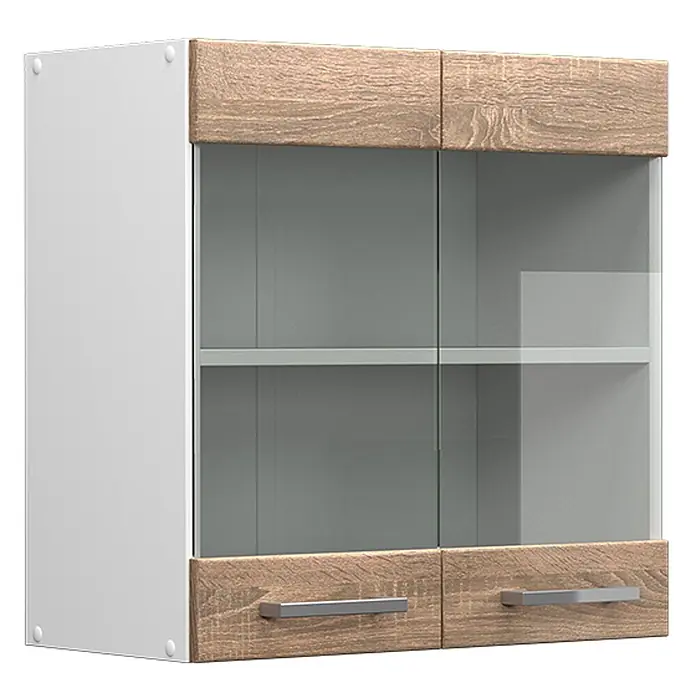 Vicco Schrankküche R-Line Sonoma - Sonoma, Hängeglasschrank 60 cm - Weißer Wandschrank mit Holzmaserung, zwei Glastüren, zwei Einlegeböden und zwei silbernen Griffen.