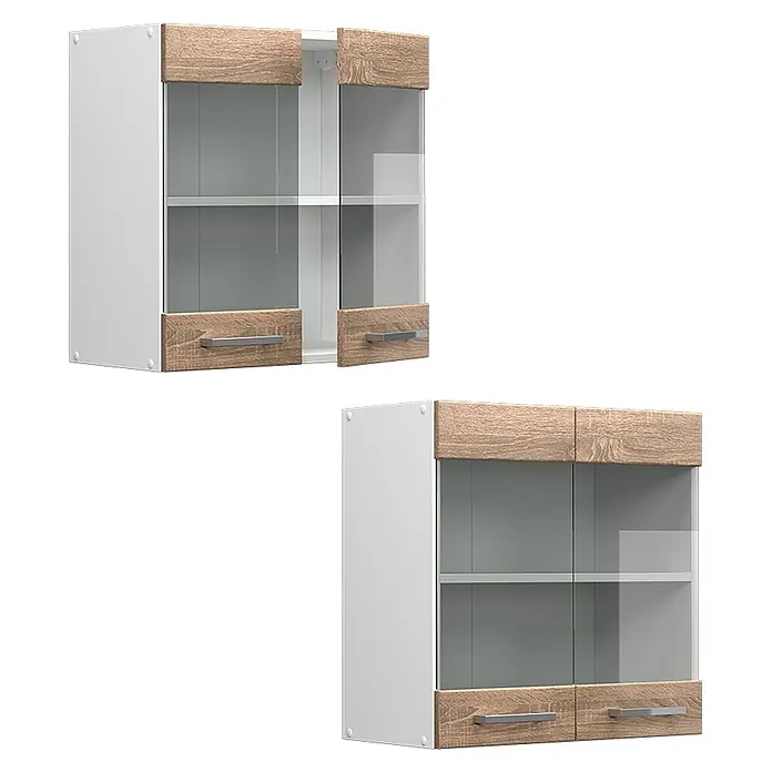 Vicco Schrankküche R-Line Sonoma - Sonoma, Hängeglasschrank 60 cm - Weißer Hängeschrank mit hellen Holzdetails, Glastüren und silbernen Griffen, offen und geschlossen gezeigt.