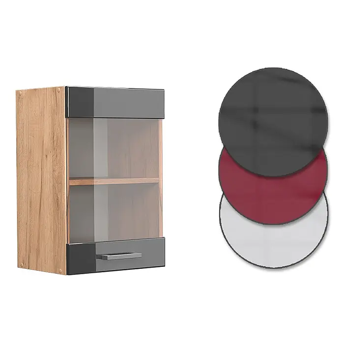 Vicco Schrankküche R-Line Anthrazit Hochglanz - Breite: 40 cm, Anthrazit Hochglanz, Hängeglasschrank 40 cm - Wandschrank mit hellem Holzkorpus, Glastür und anthrazitfarbenen Blenden/Schublade. Akzentfarben verfügbar.