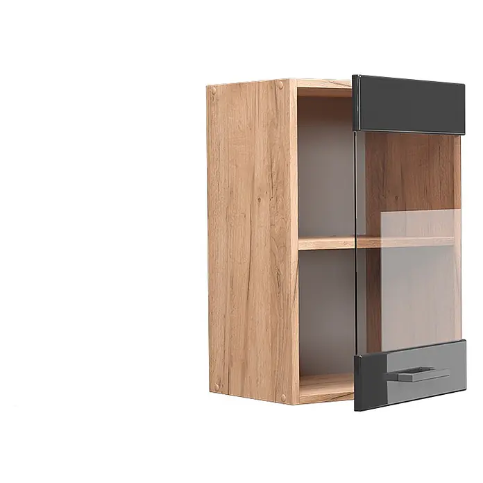 Vicco Schrankküche R-Line Anthrazit Hochglanz - Breite: 40 cm, Anthrazit Hochglanz, Hängeglasschrank 40 cm - Hängeschrank aus hellem Holz mit grauer Glastür und Griff, leicht geöffnet, mit Regalböden.