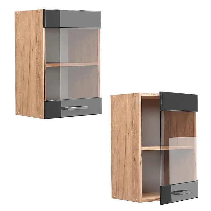 Vicco Schrankküche R-Line Anthrazit Hochglanz - Breite: 40 cm, Anthrazit Hochglanz, Hängeglasschrank 40 cm - Hängeschrank in heller Holzoptik mit glänzender grauer und Glastür, einmal geschlossen, einmal offen.