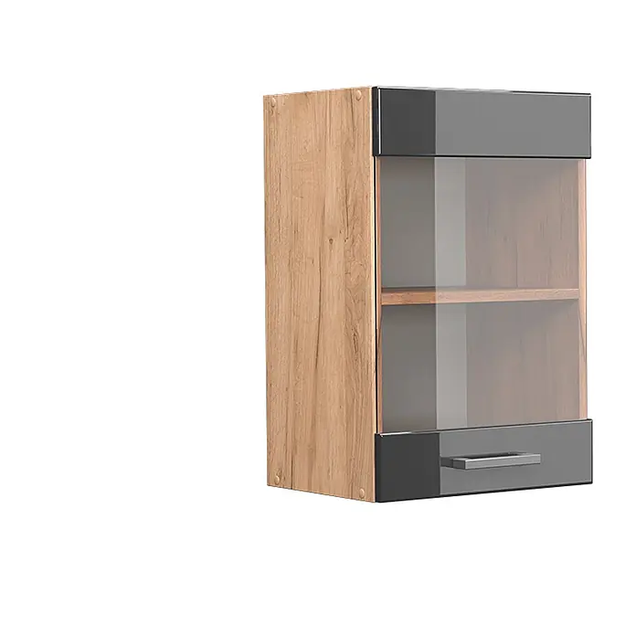 Vicco Schrankküche R-Line Anthrazit Hochglanz - Breite: 40 cm, Anthrazit Hochglanz, Hängeglasschrank 40 cm - Wandschrank mit Holzmaserung, glänzend grauer Ober- und Unterseite, Glastür mit Einlegeboden und Griff.