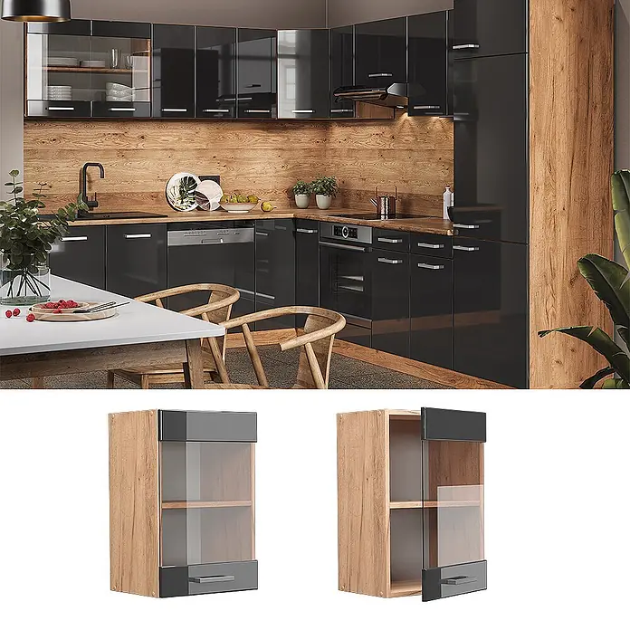 Vicco Schrankküche R-Line Anthrazit Hochglanz - Breite: 40 cm, Anthrazit Hochglanz, Hängeglasschrank 40 cm - Schwarzer Hochglanz- und Holzoptik-Küchenwandschrank mit Glastür und Einlegeböden, aus zwei Perspektiven gezeigt.