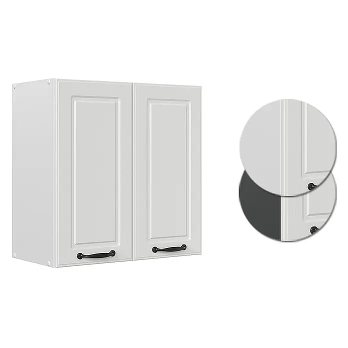 Vicco Schrankküche R-Line Weiß Landhaus - Weiß Landhaus, Hängeschrank 60 cm - Weißer zweitüriger Wandschrank mit strukturierter Oberfläche und schwarzen Griffen.