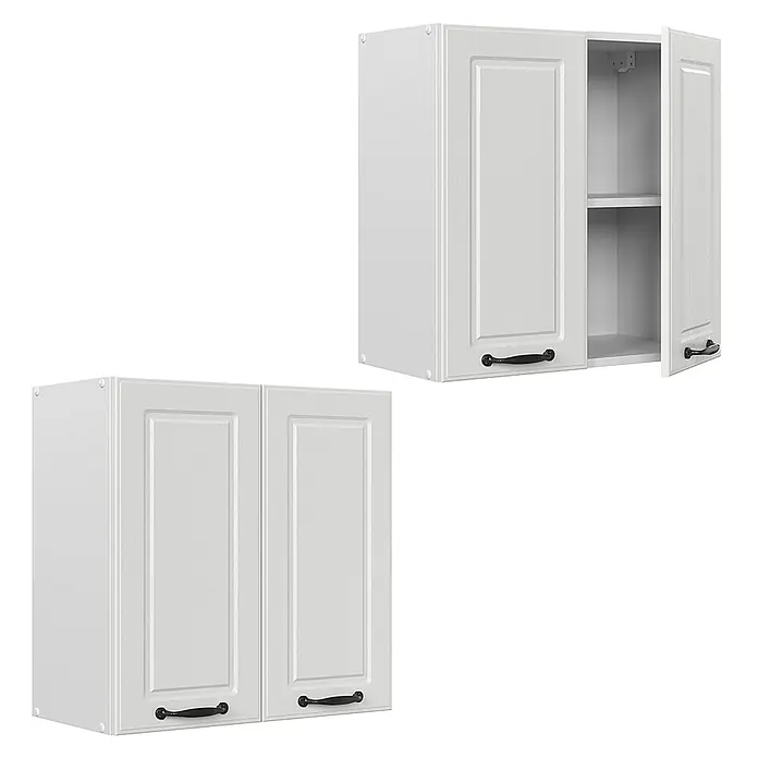 Vicco Schrankküche R-Line Weiß Landhaus - Weiß Landhaus, Hängeschrank 60 cm - Zwei weiße Küchenwandschränke mit schwarzen Griffen, einer geschlossen, der andere teilweise geöffnet mit Regal.