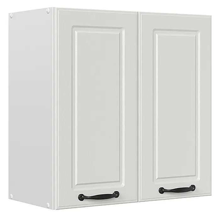 Vicco Schrankküche R-Line Weiß Landhaus - Weiß Landhaus, Hängeschrank 60 cm - Weißer zweitüriger Wandschrank mit strukturierter Oberfläche und schwarzen Griffen.