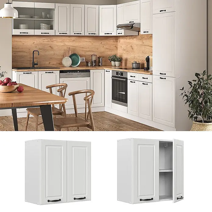 Vicco Schrankküche R-Line Weiß Landhaus - Weiß Landhaus, Hängeschrank 60 cm - Weißer doppelter Küchenwandschrank mit vertieften Paneeltüren und schwarzen Griffen, geschlossen und offen mit Einlegeböden gezeigt.