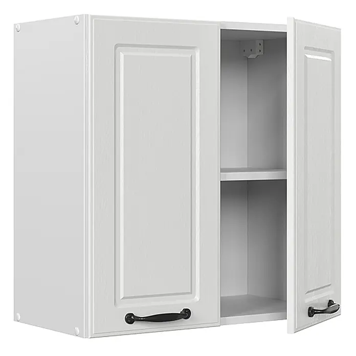 Vicco Schrankküche R-Line Weiß Landhaus - Weiß Landhaus, Hängeschrank 60 cm - Weißer Küchenhängeschrank aus Holz mit zwei Türen, eine offenbart zwei Innenregale und schwarzen Griffen.