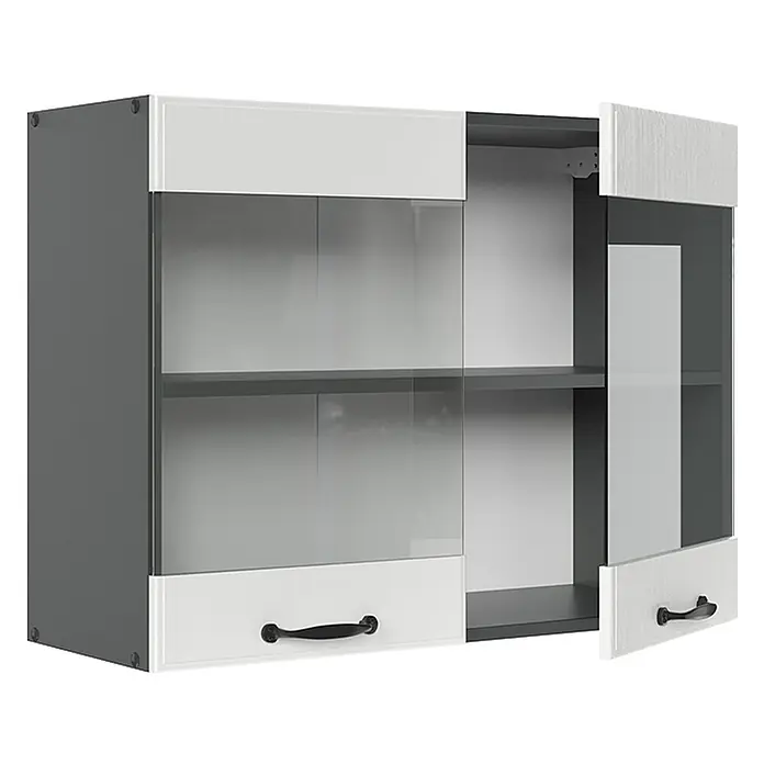 Vicco Schrankküche R-Line Weiß Landhaus - Weiß Landhaus, Hängeglasschrank 80 cm - Grauer Hängeschrank mit zwei Türen, weißen Texturpaneelen, Glasfronten und schwarzen Griffen, Innenregale sichtbar.
