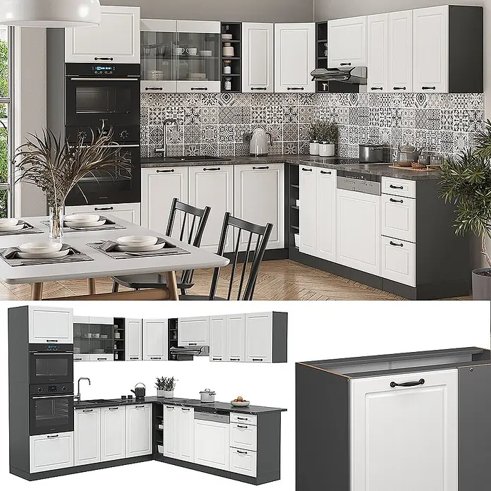 Vicco Eckküche R-Line Weiß Landhaus/Anthrazit, AP Eiche - B x T: 247 x 60 cm, Weiß Landhaus, Ohne Elektrogeräte - Moderne L-förmige Küche mit weißen Fronten und dunkelgrauen Details, inkl. integrierter Geräte und Essbereich.