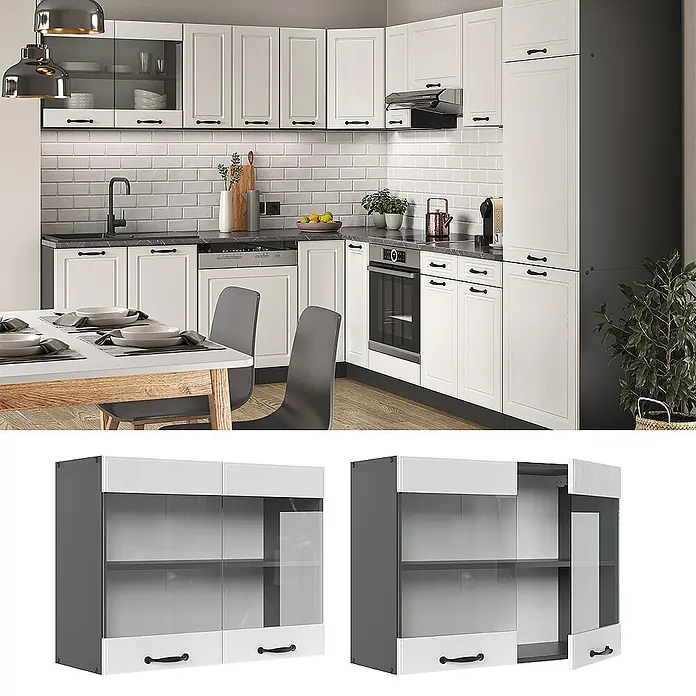 Vicco Schrankküche R-Line Weiß Landhaus - Weiß Landhaus, Hängeglasschrank 80 cm - Weiß-grauer zweitüriger Hängeschrank mit Glasfronten, für Küchenaufbewahrung.