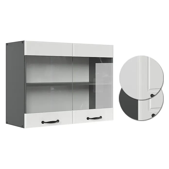 Vicco Schrankküche R-Line Weiß Landhaus - Weiß Landhaus, Hängeglasschrank 80 cm - Grauer und weißer Hängeschrank mit Glastüren und Schubladen, schwarzen Griffen.