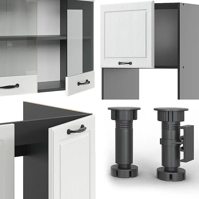 Vicco Eckküche R-Line Weiß Landhaus/Anthrazit, AP Eiche - B x T: 247 x 60 cm, Weiß Landhaus, Ohne Elektrogeräte - Weiße Küchenschrankteile mit schwarzen Griffen und verstellbaren Kunststofffüßen.