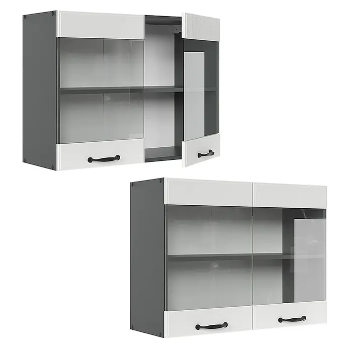 Vicco Schrankküche R-Line Weiß Landhaus - Weiß Landhaus, Hängeglasschrank 80 cm - Moderne grau-weiße Hängeschränke mit Glastüren und schwarzen Griffen. Ein Schrank ist offen, einer geschlossen.