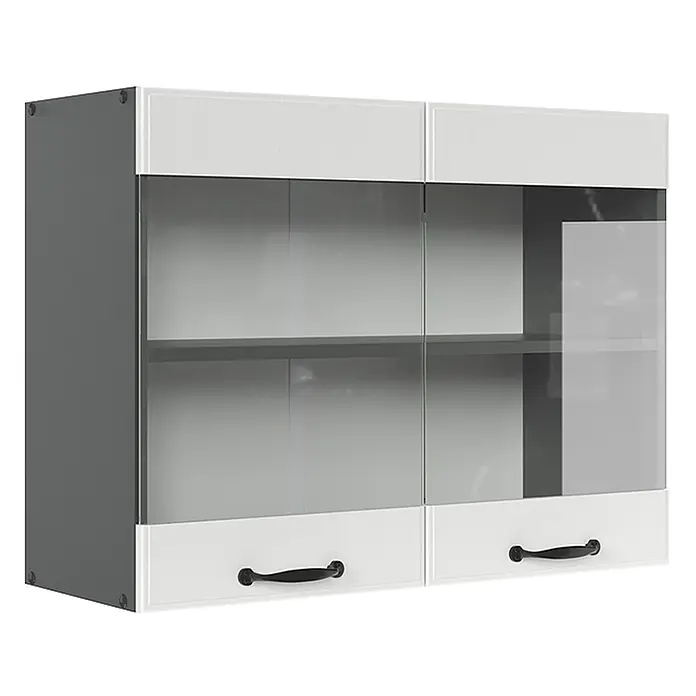 Vicco Schrankküche R-Line Weiß Landhaus - Weiß Landhaus, Hängeglasschrank 80 cm - Zweitüriger Wandschrank mit grauen Seiten, weißen Ober-/Unterplatten, Glastüren und zwei weißen Schubladen mit schwarzen Griffen.