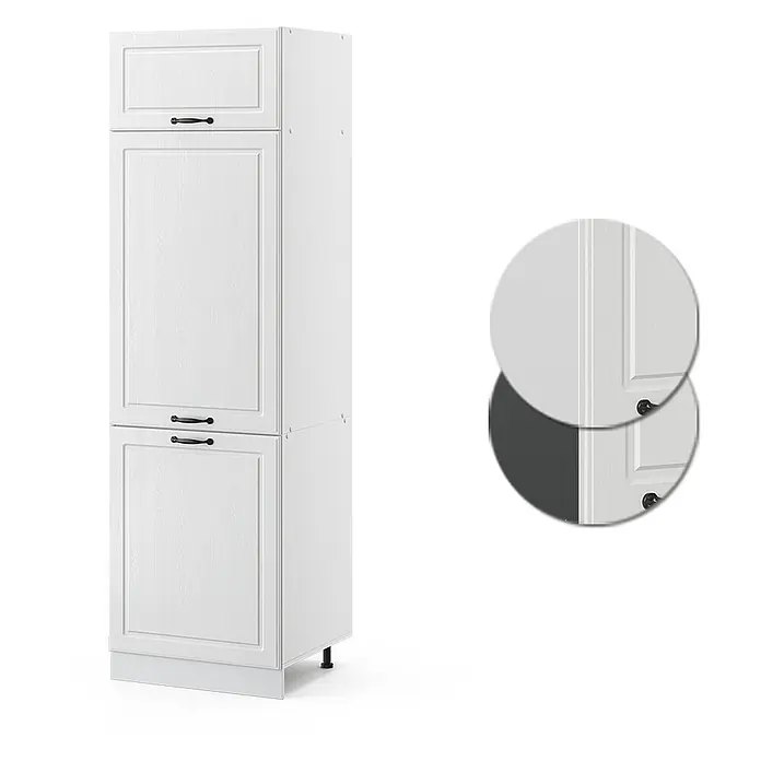 Vicco Schrankküche R-Line Weiß Landhaus - Weiß Landhaus, Kühlumbauschrank 60 cm - Weißer Hochschrank für Küche mit profilierten Türen, Holzmaserung, schwarzen Griffen und Detailkreisen für Textur und Griffe.